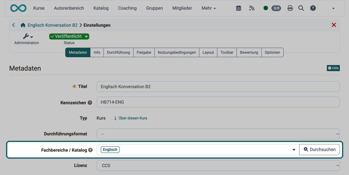 Im Feld Fachbereiche / Katalog ist dem Kurs der Fachbereich Englisch zugeordnet