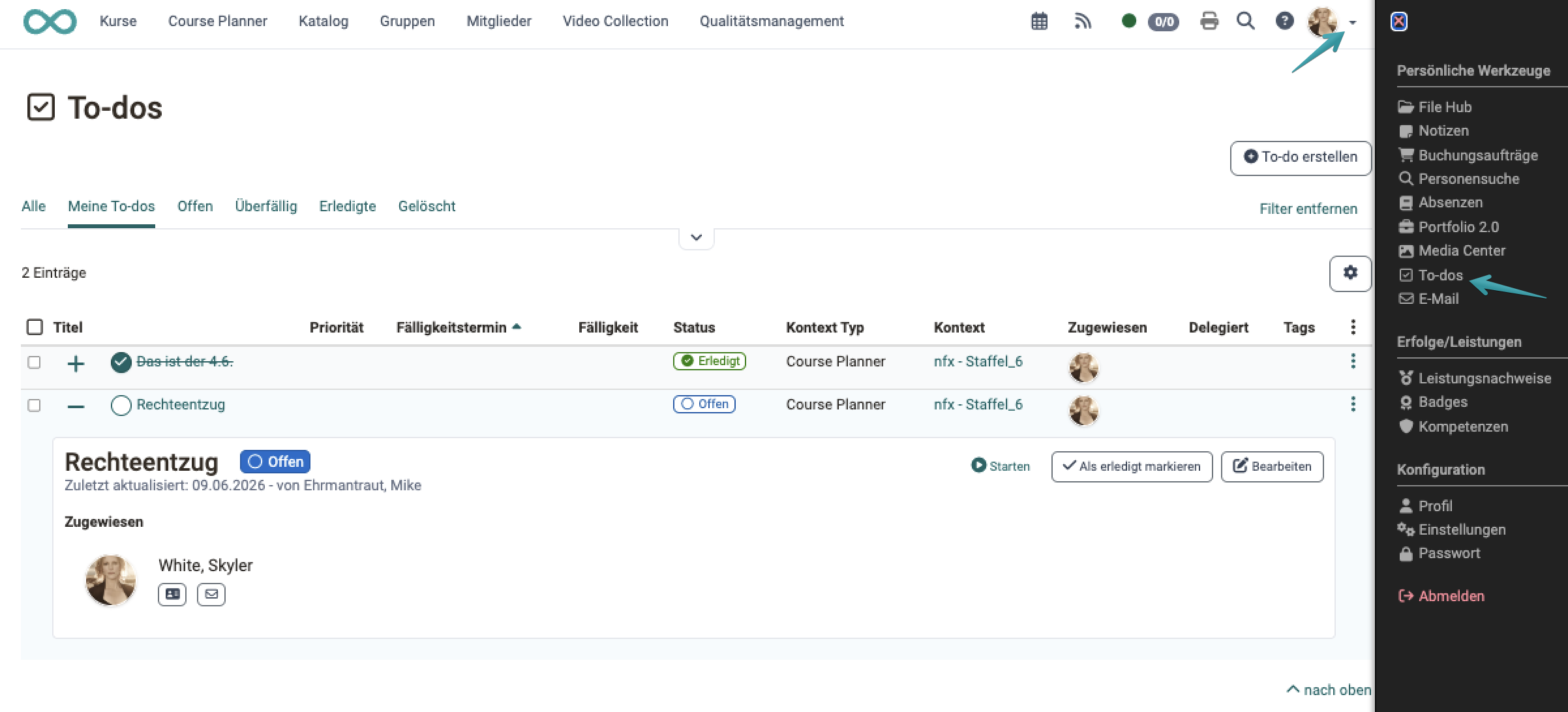 Die persönliche To-do-Liste mit Statuskreisen, den Spalten Kontext Typ und Kontext und einem aufgeklappten Detailbereich mit den Aktionen Starten, Als erledigt markieren und Bearbeiten