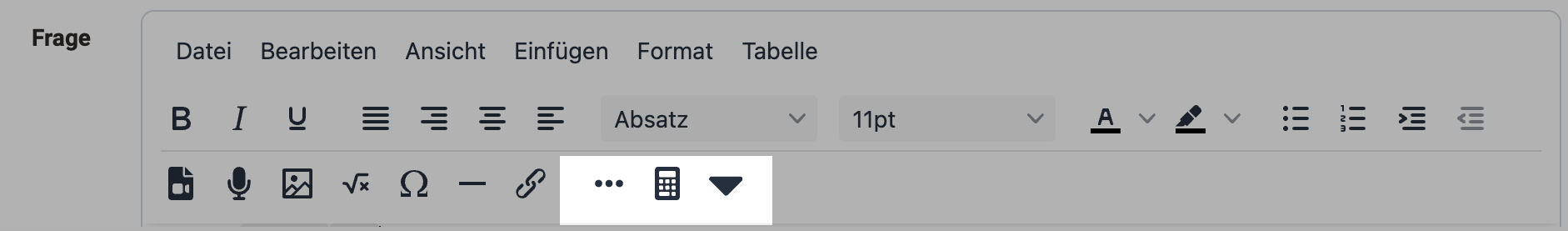 Editor-Werkzeugleiste mit den Buttons zum Einfügen von Text-, numerischen und Dropdown-Lücken