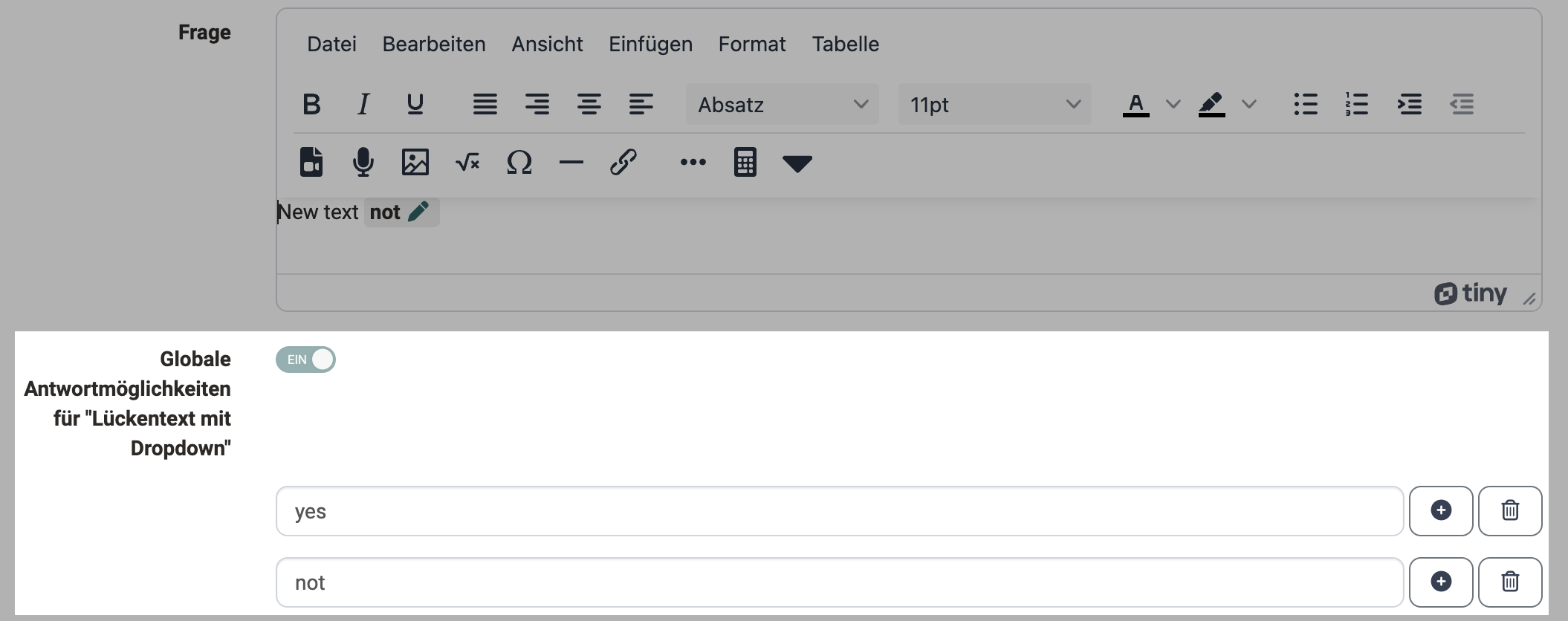 Editor mit eingeschalteten globalen Antwortmöglichkeiten