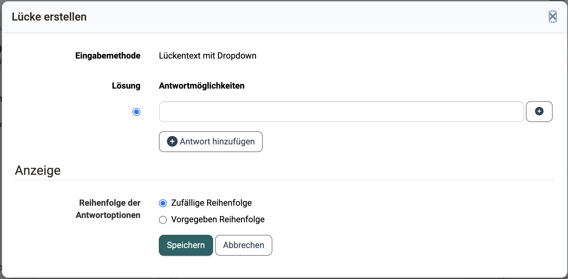 Dialog "Lücke erstellen" mit der Option "Reihenfolge der Antwortoptionen"