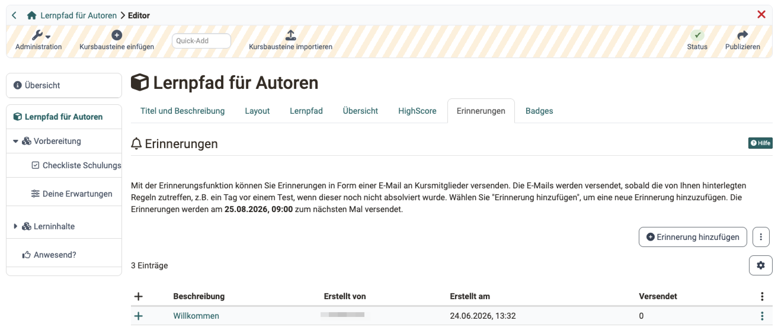 Tab "Erinnerungen" nur am Kurshauptknoten vorhanden, hier mit der Erinnerungsliste geöffnet. Kurseditor eines Lernpfad-Kurses.