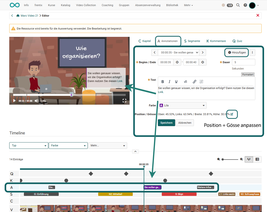 Annotationen in Videos konfigurieren
