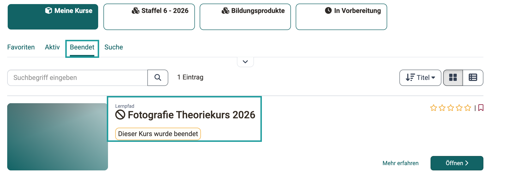 Menüpunkt Kurse, Tab "Beendet" mit einem beendeten Kurs: durchgestrichenes Symbol vor dem Titel und Hinweis "Dieser Kurs wurde beendet"
