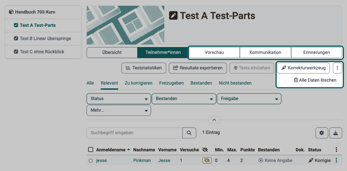 Tabs Vorschau, Kommunikation und Erinnerungen neben Übersicht und Teilnehmer:innen markiert, dazu der Button Korrekturwerkzeug und im Menü mit drei Punkten Alle Daten löschen