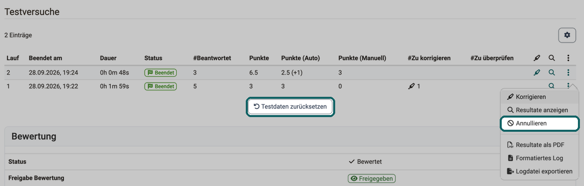 Menü mit drei Punkten eines Testversuchs geöffnet mit der Aktion Annullieren, darunter der Button Testdaten zurücksetzen, beide hervorgehoben