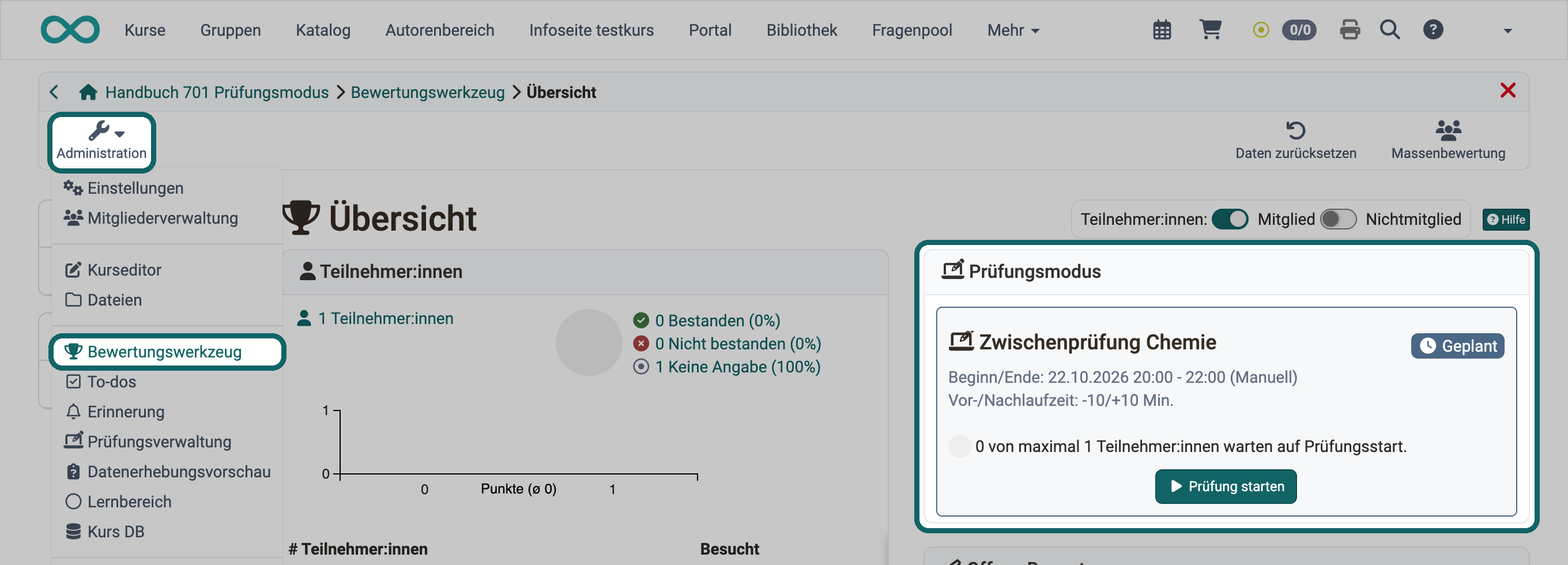 Menü Administration mit Eintrag Bewertungswerkzeug und Bereich Prüfungsmodus mit einer geplanten Prüfung und dem Button "Prüfung starten" markiert