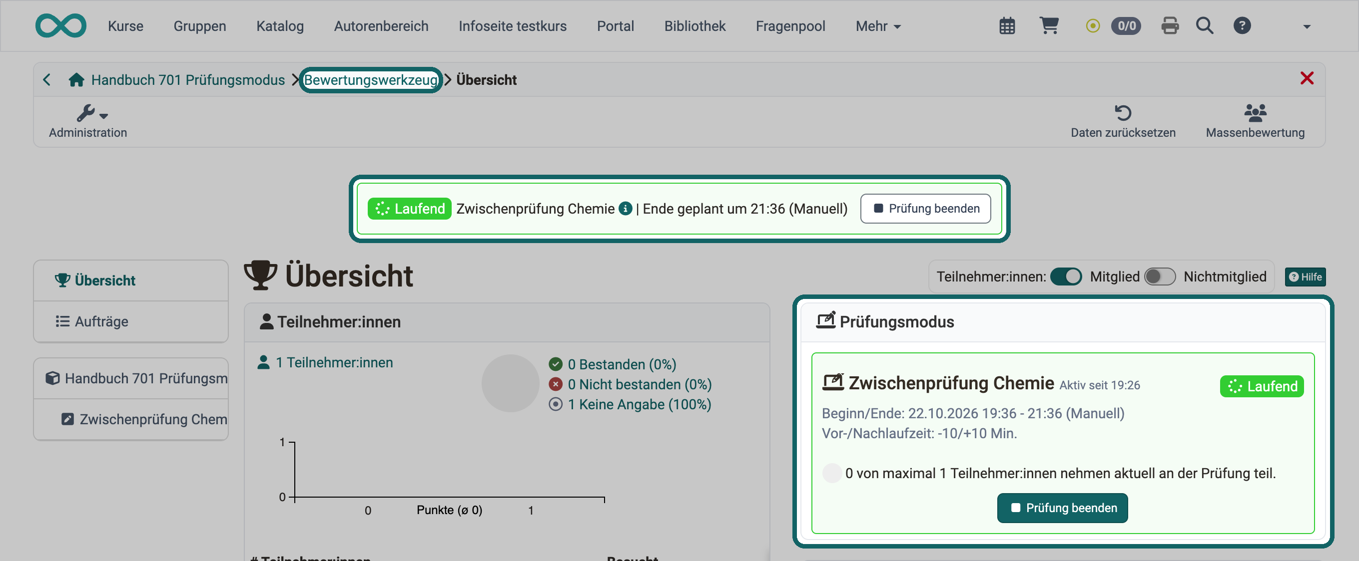 Banner der laufenden Prüfung mit Button "Prüfung beenden" und Bereich Prüfungsmodus mit Status Laufend und demselben Button markiert