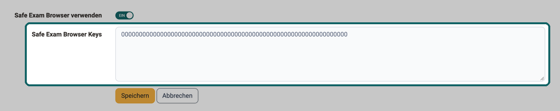 Eingeschalteter Schalter Safe Exam Browser verwenden mit dem nicht änderbaren Feld Safe Exam Browser Keys