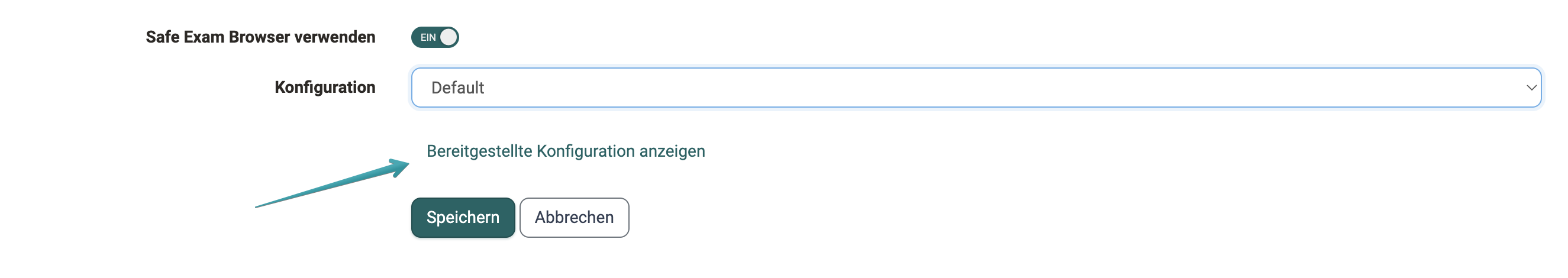 Eingeschalteter Schalter Safe Exam Browser verwenden mit dem Feld Konfiguration und dem Link Bereitgestellte Konfiguration anzeigen