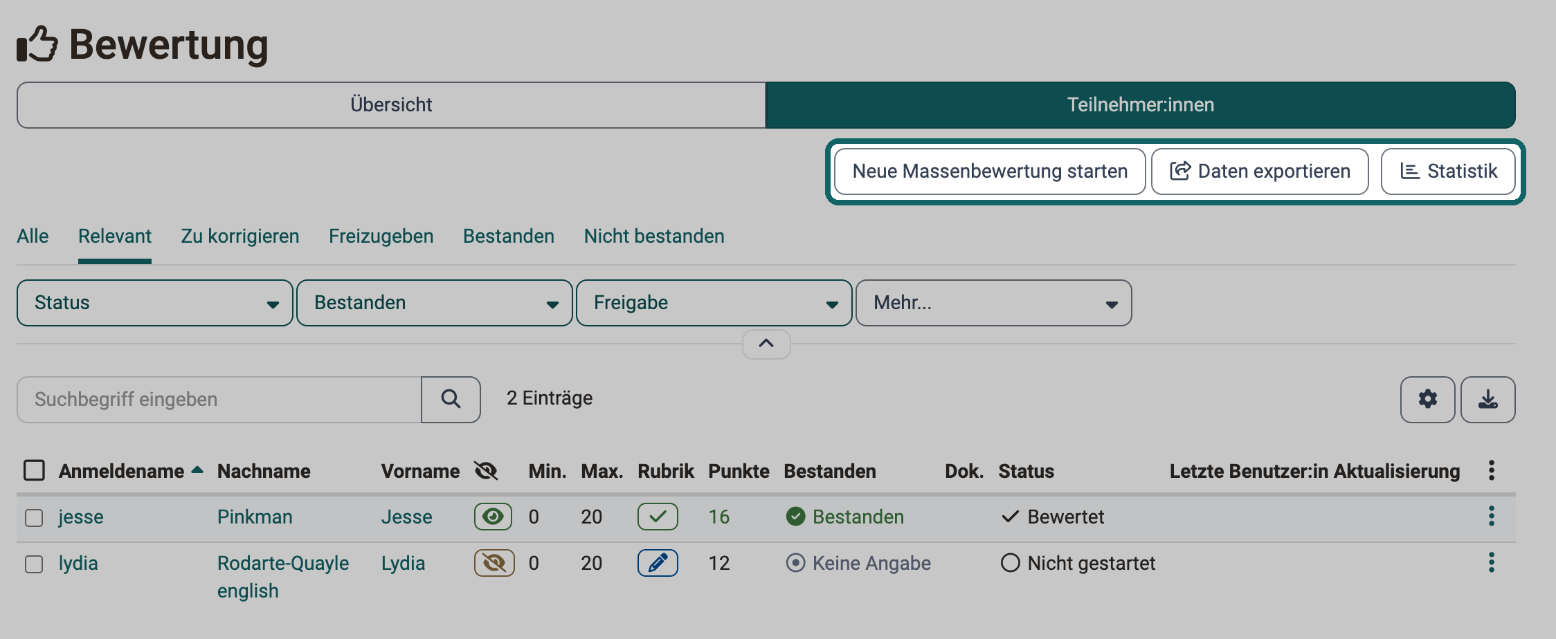 Buttons "Neue Massenbewertung starten", "Daten exportieren" und "Statistik" über der Teilnehmerliste: mehrere Personen auf einmal bewerten, Daten exportieren, Statistik öffnen