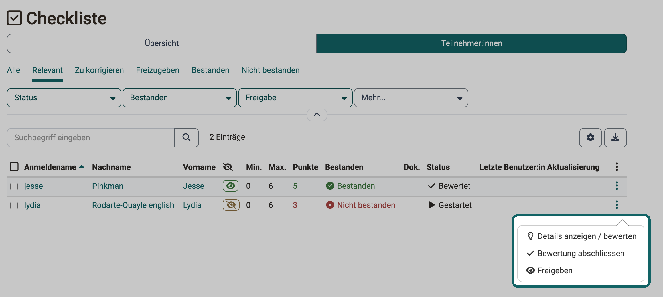 Geöffnetes 3-Punkte-Menü in der Zeile einer Person: "Details anzeigen / bewerten", "Bewertung abschliessen" und "Freigeben" erreichen Sie direkt aus der Teilnehmerliste