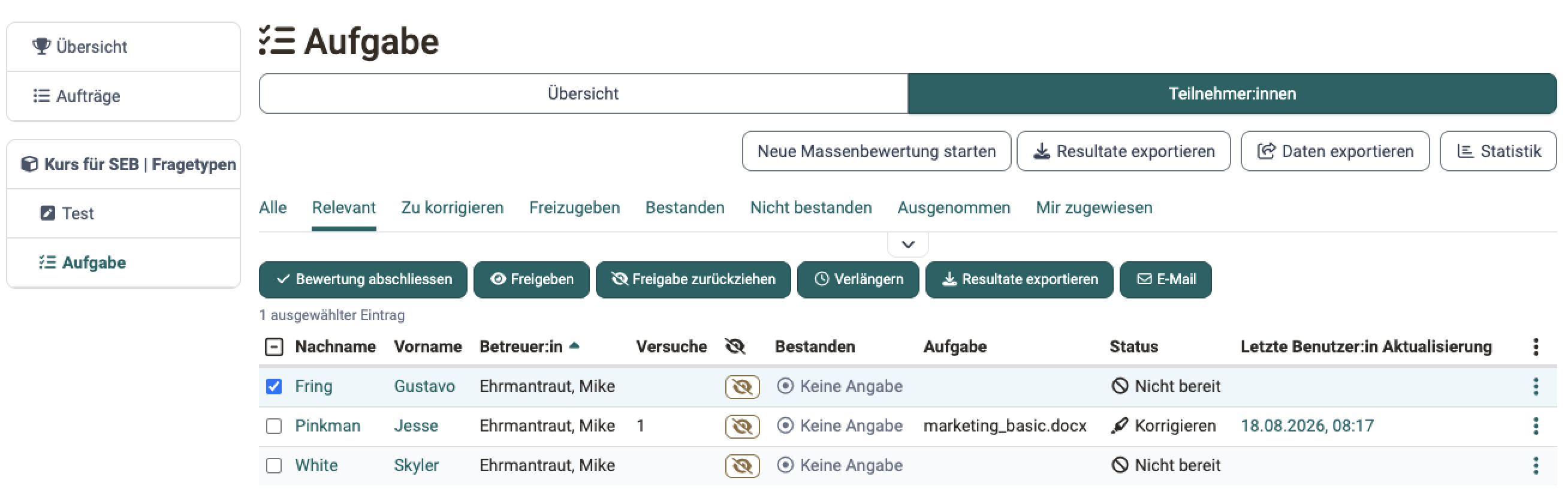 Nach Auswahl einer Person erscheinen sechs Aktionen: "Bewertung abschliessen", "Freigeben", "Freigabe zurückziehen", "Verlängern", "Resultate exportieren" und "E-Mail": Bewertungswerkzeug
