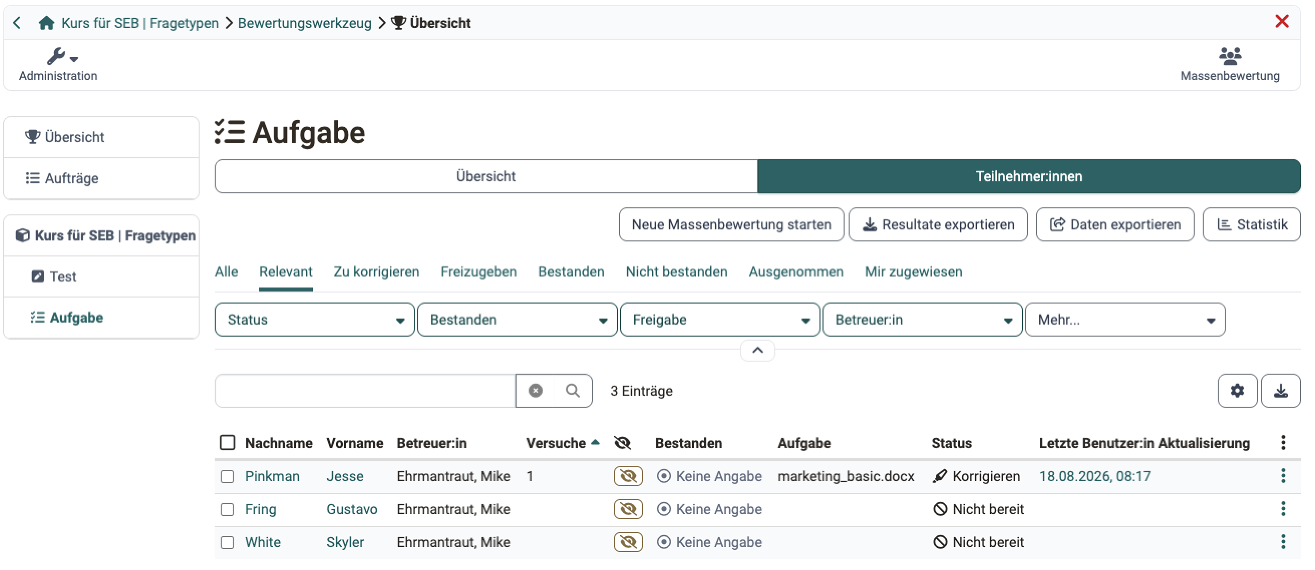 Buttons "Neue Massenbewertung starten", "Resultate exportieren", "Daten exportieren" und "Statistik" über der Teilnehmerliste: Tab Teilnehmer:innen des Bewertungswerkzeugs