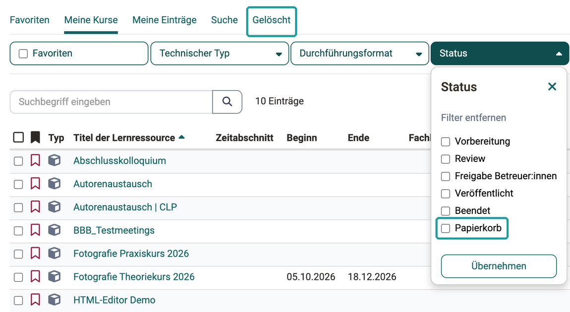 Option Papierkorb im aufgeklappten Filter Status, dazu der Tab Gelöscht, im Tab Meine Kurse des Autorenbereichs