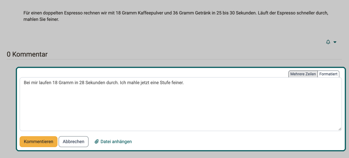 Kommentare unter einem Blogbeitrag · 2026.10.08 Geöffneter Texteditor mit einem Kommentar und den Buttons Kommentieren, Abbrechen und Datei anhängen hervorgehoben