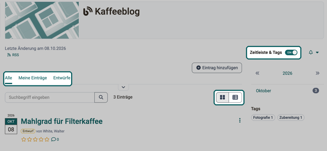 Blog in der Kursansicht · 2026.10.08 Filter Alle, Meine Einträge und Entwürfe, Buttons Listenansicht und Tabellenansicht sowie Schalter Zeitleiste & Tags hervorgehoben
