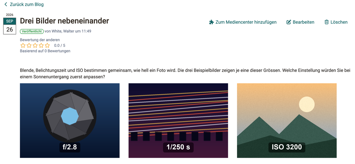 Drei Bilder nebeneinander in einer Reihe, angeordnet mit der Klasse Linksbündig, in einem veröffentlichten Blogeintrag