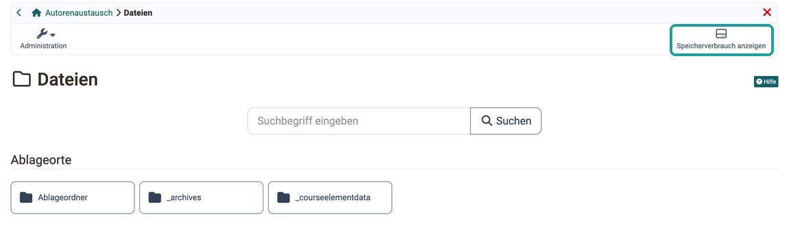 Button Speicherverbrauch anzeigen oben rechts markiert, über den Ablageorten des Kurses