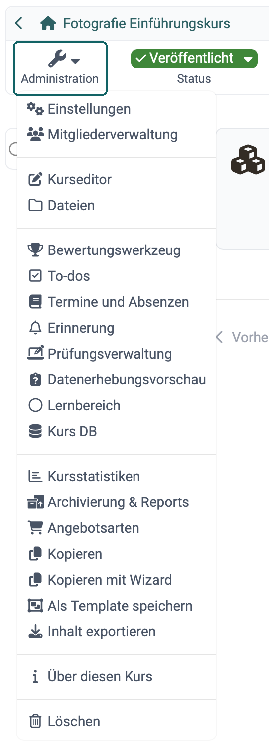 Menü "Administration" eines Lernpfad-Kurses mit seinen Optionen, von Einstellungen und Mitgliederverwaltung über Kursstatistiken und Kopieren bis Über diesen Kurs und Löschen