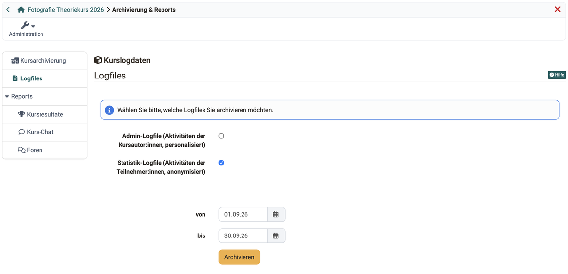 Auswahl aus Admin-Logfile und Statistik-Logfile, Statistik-Logfile angewählt, Zeitraum von und bis gesetzt