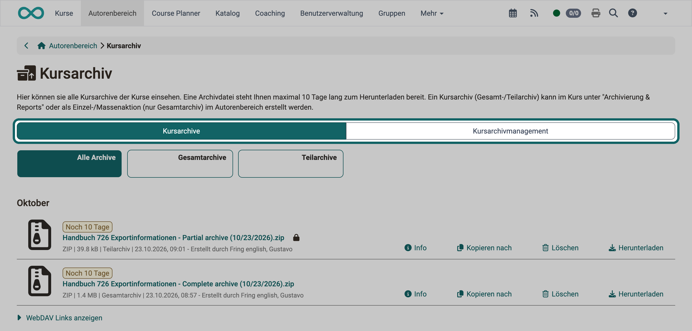 Alle eigenen Kursarchive auf einen Blick: markierte Tabs Kursarchive und Kursarchivmanagement über der Liste der ZIP-Dateien mit Info, Kopieren nach, Löschen und Herunterladen