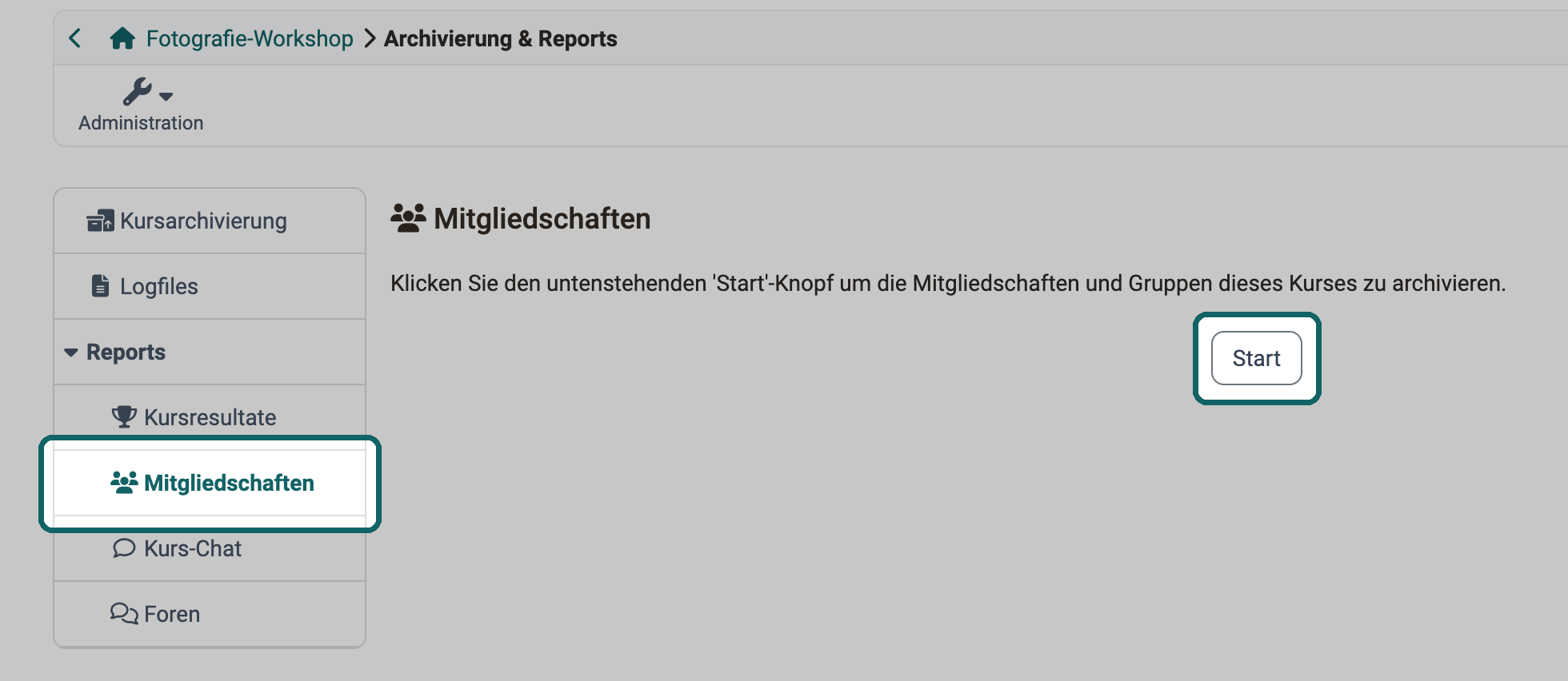 Die Datei Mitgliedschaften herunterladen: im aufgeklappten Menü Reports der Eintrag Mitgliedschaften markiert, rechts der Hinweistext und der markierte Button Start