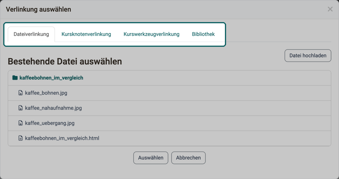 Dialog Verlinkung auswählen im HTML-Editor · 2026.10.08 Vier Linkarten als Tabs hervorgehoben: Dateiverlinkung, Kursknotenverlinkung, Kurswerkzeugverlinkung und Bibliothek