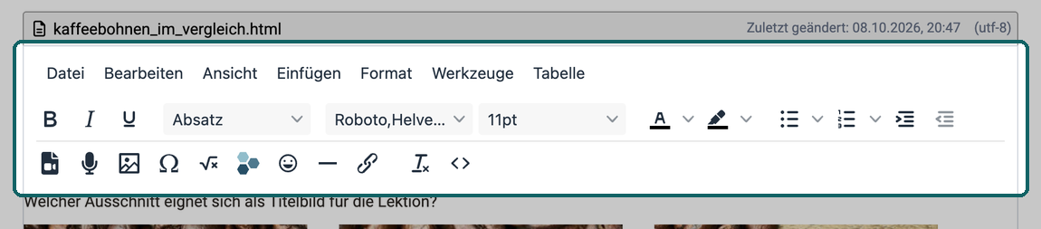 HTML-Editor im Kursbaustein HTML-Seite · 2026.10.08 Menüleiste von Datei bis Tabelle und zweizeilige Werkzeugleiste des HTML-Editors hervorgehoben