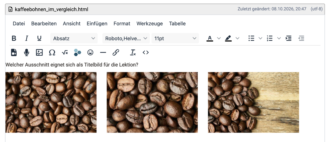 HTML-Editor im Kursbaustein HTML-Seite · 2026.10.08 Frage und drei Fotos in einer Reihe im Bearbeitungsfeld, darüber Menüleiste und Werkzeugleiste