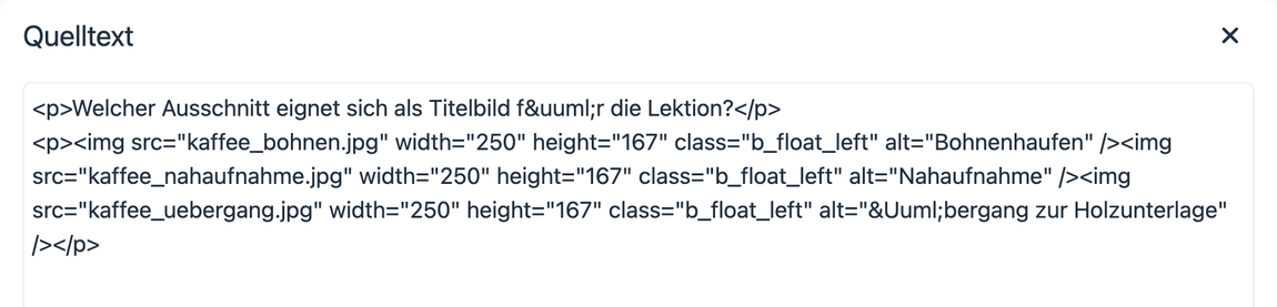 Dialog Quelltext im HTML-Editor · 2026.10.08 Drei img-Elemente mit der Klasse b_float_left, je 250 Pixel breit