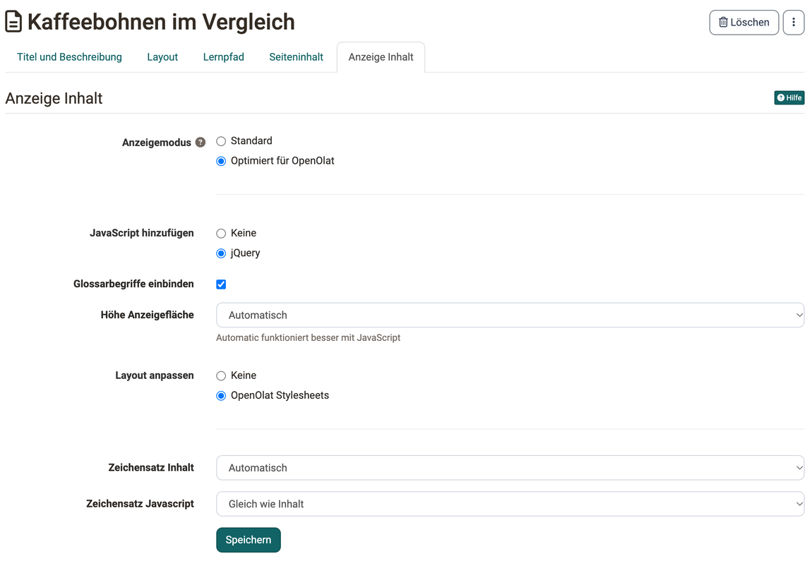 Tab Anzeige Inhalt im Kurseditor · 2026.10.08 Einstellungen für Anzeigemodus, JavaScript mit Keine oder jQuery, Glossarbegriffe, Höhe, Layout und Zeichensatz