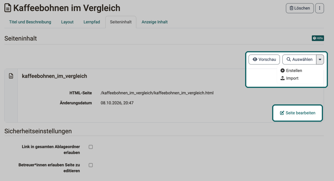 Tab Seiteninhalt im Kurseditor · 2026.10.08 Buttons Vorschau und Auswählen mit dem Menü Erstellen und Import sowie Button Seite bearbeiten hervorgehoben, darunter die Sicherheitseinstellungen
