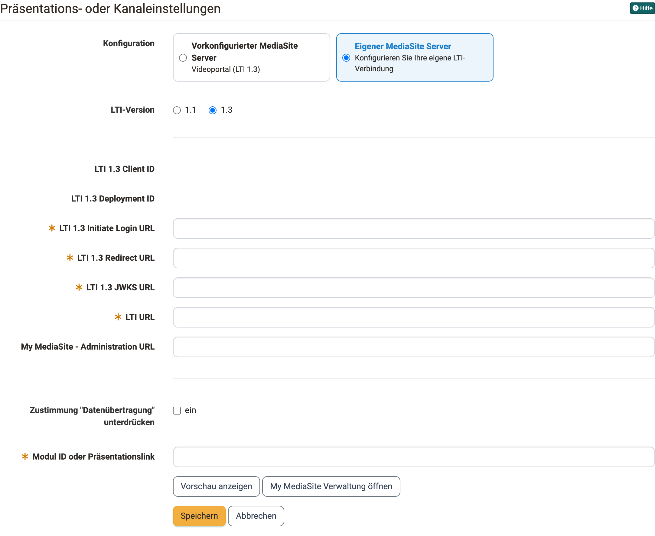Tab MediaSite Konfiguration mit gewählter Karte Eigener MediaSite Server, LTI-Version 1.3 und den Feldern der LTI-1.3-Verbindung