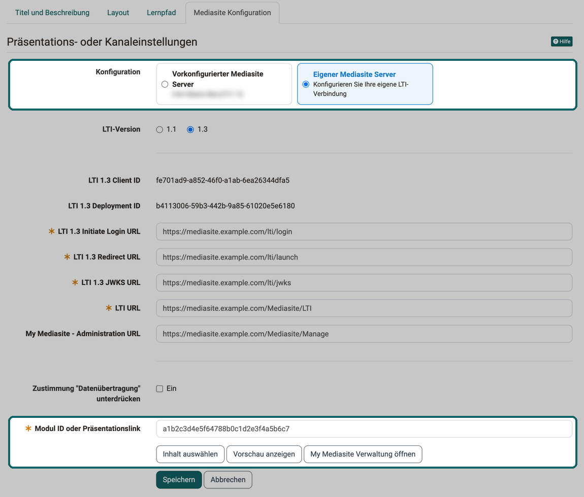 Karte Eigener Mediasite Server gewählt und Feld Modul ID oder Präsentationslink mit Inhalt auswählen hervorgehoben, dazwischen die Felder der LTI-1.3-Verbindung