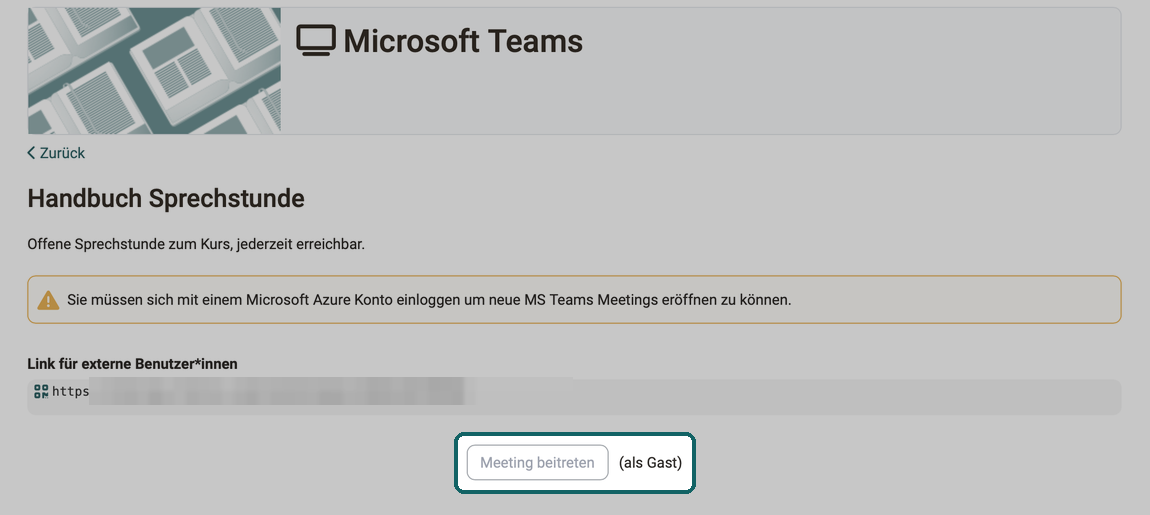 Seite eines Online-Termins ohne Microsoft-Anmeldung · 2026.10.05 Warnung zur Anmeldung mit einem Microsoft Azure Konto, darunter der gesperrte Button Meeting beitreten mit dem Zusatz als Gast
