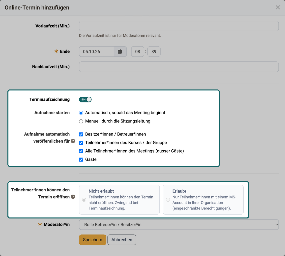 Unterer Teil des Dialogs Online-Termin hinzufügen · 2026.10.05 Terminaufzeichnung auf Ein, darunter Aufnahme starten und vier Rollen zum Veröffentlichen, die Karte Nicht erlaubt fest gewählt
