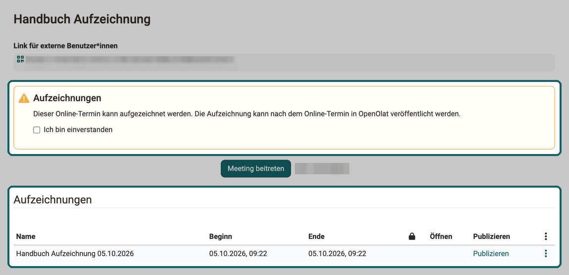 Seite eines Online-Termins mit Terminaufzeichnung · 2026.10.05 Hinweis Aufzeichnungen mit Ich bin einverstanden über dem Button Meeting beitreten, darunter eine Aufzeichnung noch ohne Link Öffnen