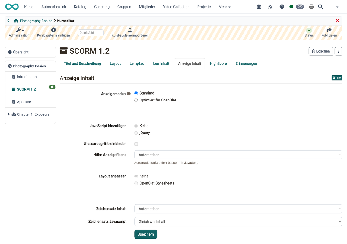 Anzeigemodus Standard gewählt, JavaScript, Glossar und Layout dadurch nicht wählbar, Höhe und Zeichensätze auf Automatisch, Tab Anzeige Inhalt im Kurseditor