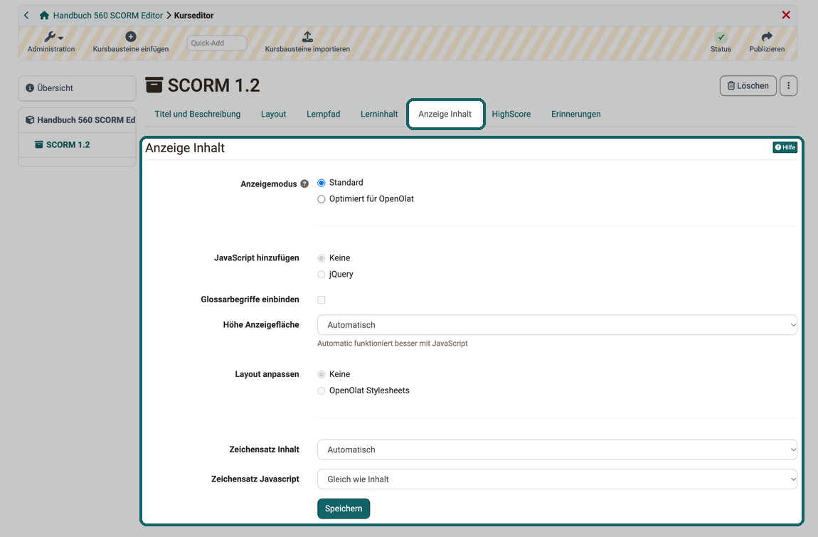 Anzeigemodus Standard gewählt, JavaScript, Glossar und Layout dadurch nicht wählbar, Höhe und Zeichensatz Inhalt auf Automatisch