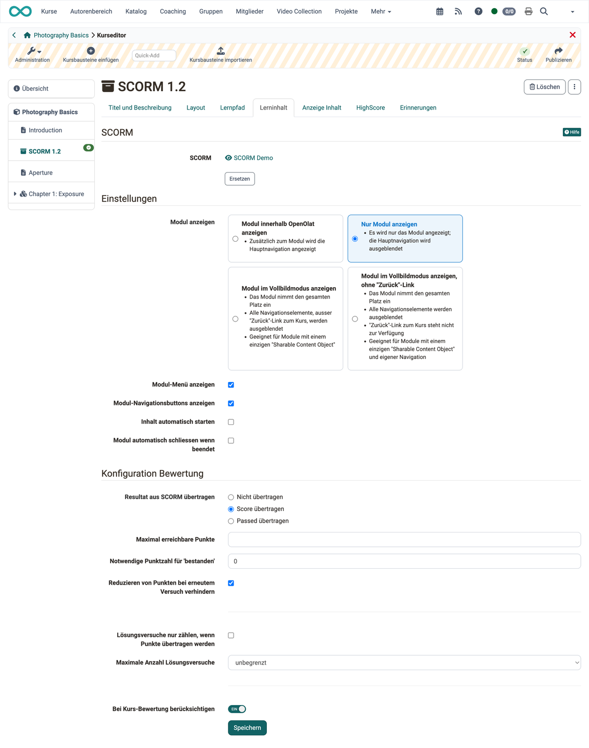 Paketauswahl mit Button Ersetzen, darunter die Bereiche Einstellungen und Konfiguration Bewertung mit allen Feldern, Tab Lerninhalt im Kurseditor