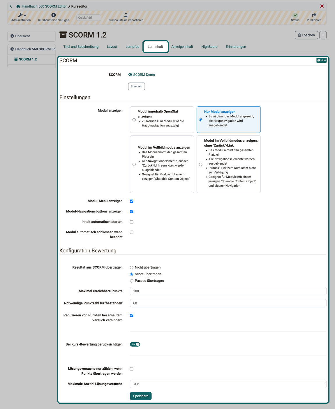 Feld SCORM mit dem gewählten Paket und Button Ersetzen, darunter die Bereiche Einstellungen und Konfiguration Bewertung mit allen Feldern