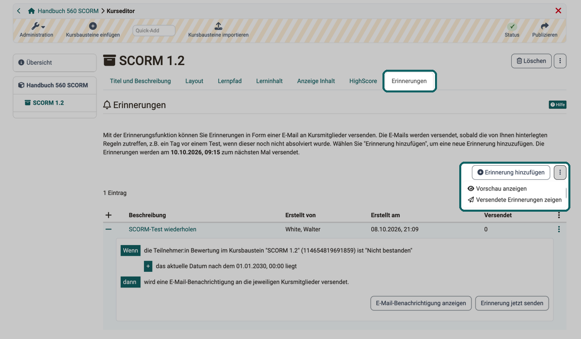 Button Erinnerung hinzufügen und Menü mit Vorschau und versendeten Erinnerungen, darunter eine Erinnerung mit ihren Bedingungen