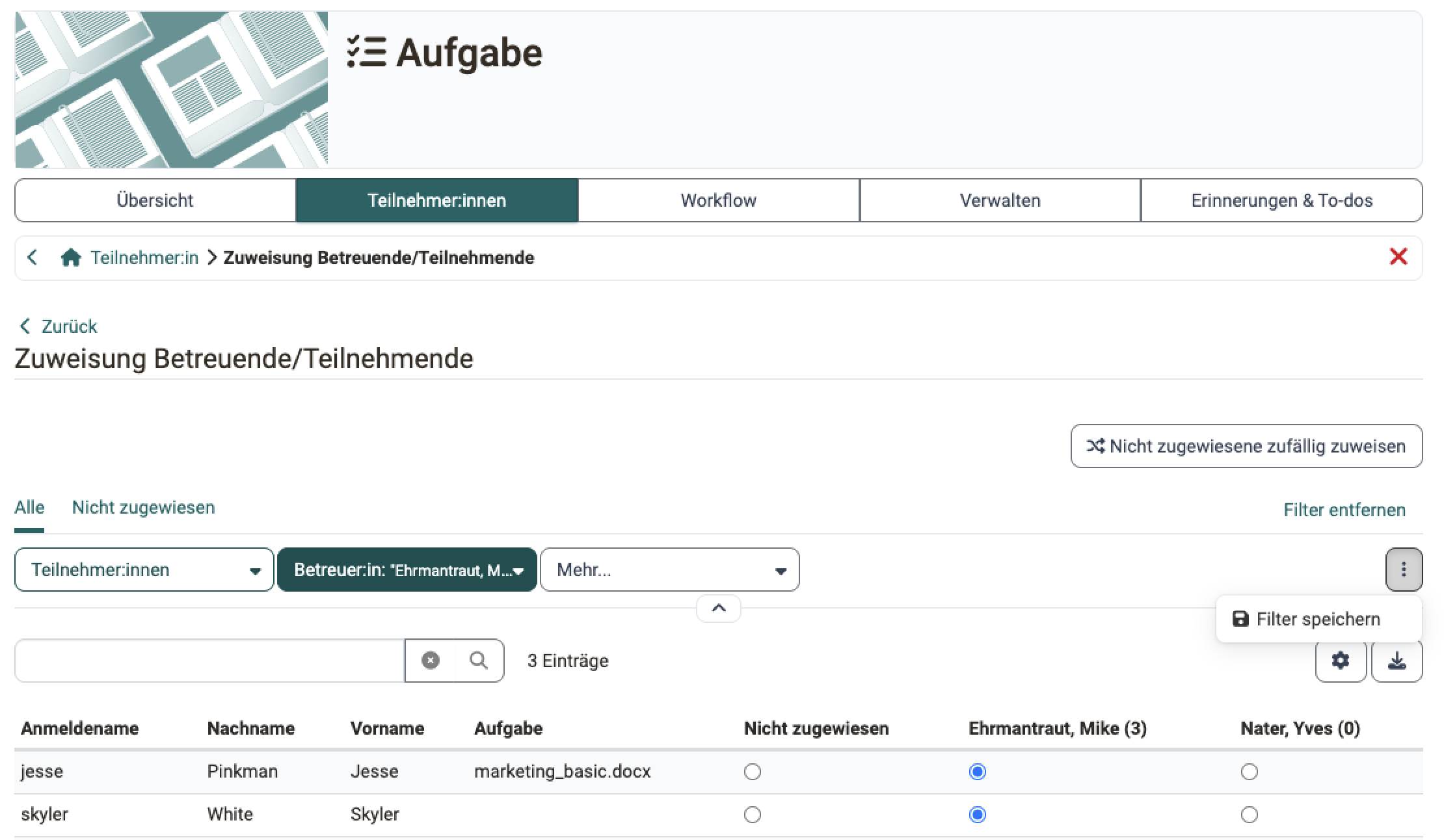Eine Matrix ordnet jeder teilnehmenden Person eine Spalte je betreuende Person zu, mit der Anzahl Zuweisungen in Klammern: Seite Zuweisung Betreuende/Teilnehmende im Tab Teilnehmer:innen