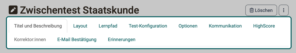 Zehn Tabs zur Konfiguration eines Kursbausteins Test, von Titel und Beschreibung bis Erinnerungen, der Tab Korrektor:innen ausgegraut