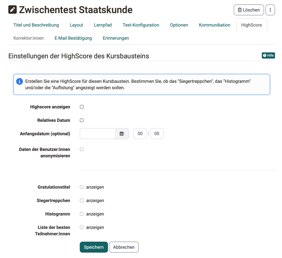 Highscore anzeigen mit relativem Datum, Anfangsdatum und Anonymisierung, darunter vier Anzeigeoptionen