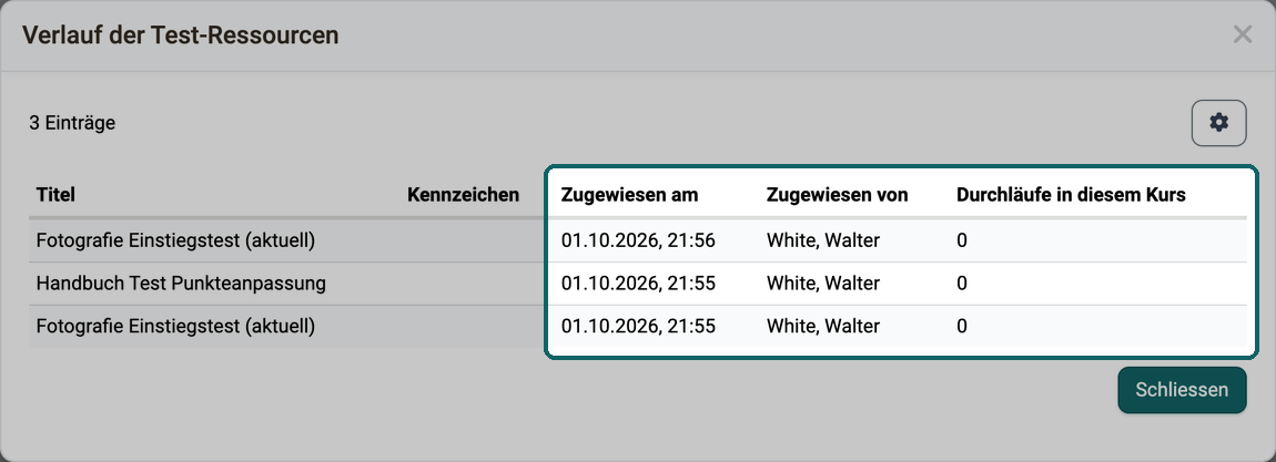 Spalten Zugewiesen am, Zugewiesen von und Durchläufe in diesem Kurs markiert, eine Zeile je Zuweisung einer Test-Lernressource