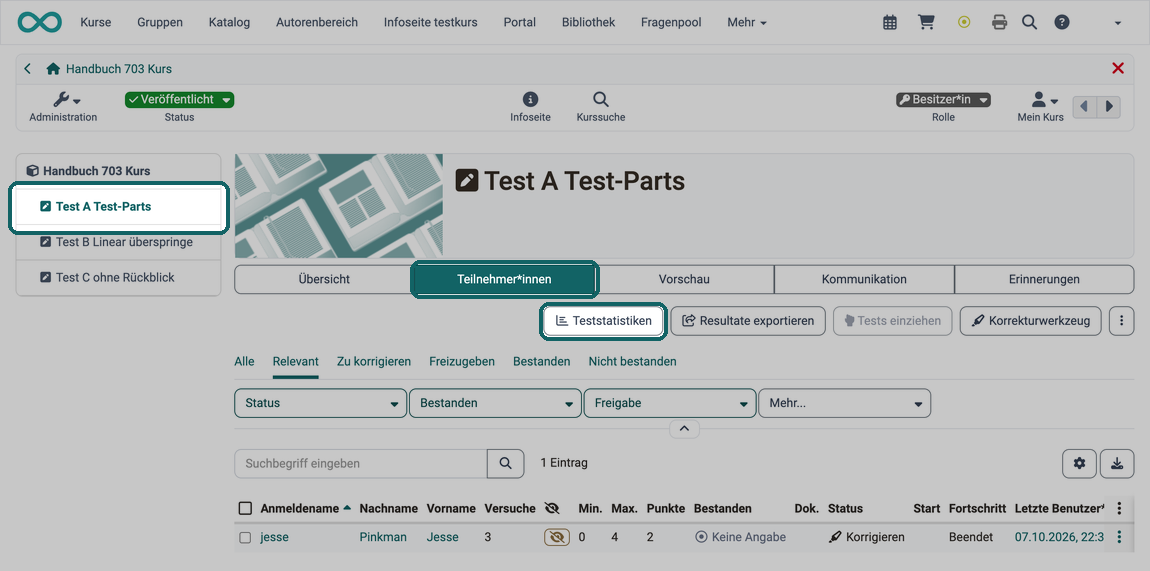 Kursbaustein Test im Kursmenü, Tab Teilnehmer:innen und Button "Teststatistiken" über der Liste der Teilnehmenden markiert