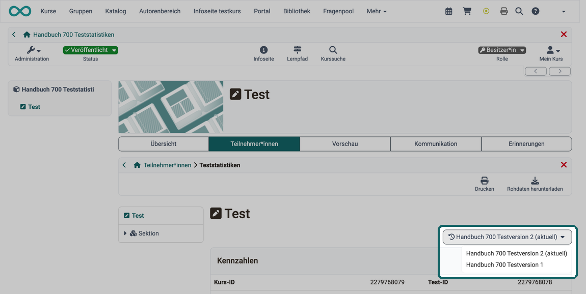 Geöffnete Auswahl der Testversion rechts oben in den Teststatistiken, mit der aktuellen und der früher verwendeten Test-Lernressource