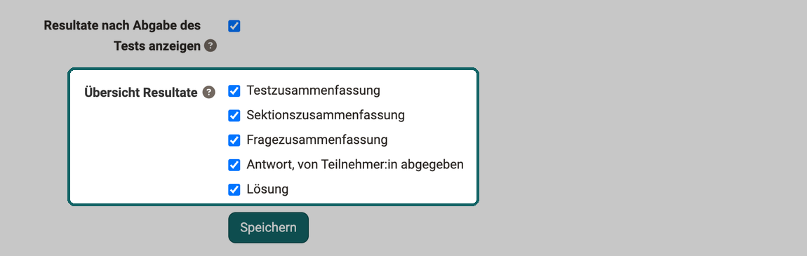 Fünf Kontrollkästchen unter Übersicht Resultate markiert, von Testzusammenfassung bis Lösung